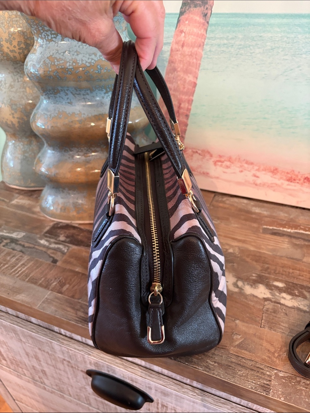 Rare COACH Tan and Brown Zebra-Print Satchel with Leather Trim like new - Picture 8 of 12